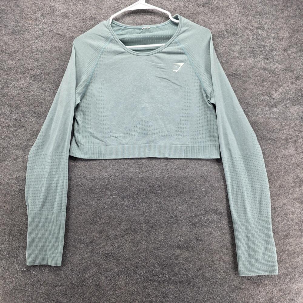 Gymshark T-Shirt Womens M Green Cropped Long Sleeve Crew Neck Thumbhole Athletic